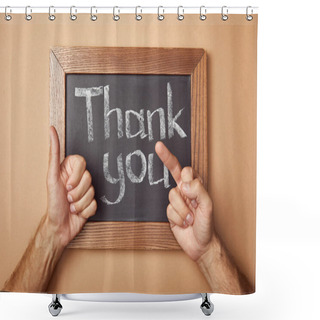 Personality  Cropped View Of Man Showing Thumb Up And Middle Finger Near Chalkboard With Thank You Lettering Shower Curtains