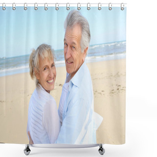 Personality  Senior Couple Standing On Beach Shower Curtains