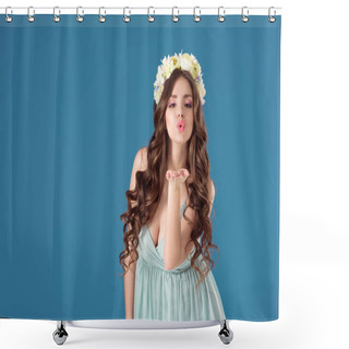 Personality  Beautiful Girl With Flowers Wreath On Head Sending Air Kiss Isolated On Blue Shower Curtains