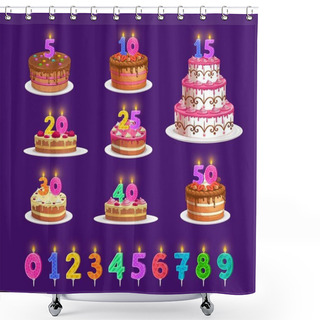 Personality  Candles On Birthday Cake With Number Age, Vector Celebration Party Icons. Happy Birthday Cupcake And Striped Candles With Fire Light Red, Blue, Orange Yellow And Green, Anniversary Candlelight Shower Curtains