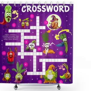 Personality  Cartoon Vegetable Wizards And Magicians, Crossword Puzzle Game Grid, Vector Find A Word Quiz Worksheet. Kids Cross Word Game With Pepper, Spinach And Onion Wizard Characters With Magic Wand Shower Curtains