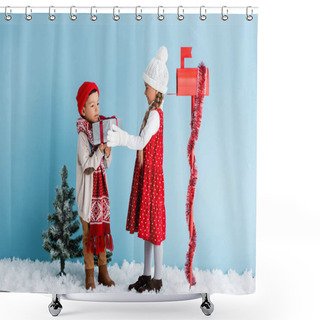 Personality  Boy In Winter Outfit Holding Present Near Sister In Hat And Mailbox On Blue Shower Curtains