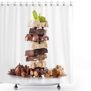 Personality  Pile Of Hazelnut Chocolate On White Background Shower Curtains