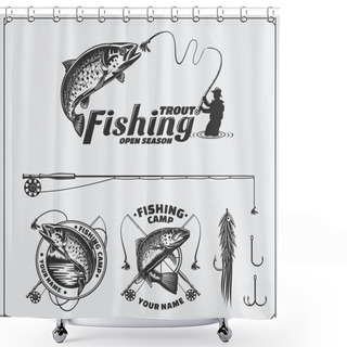 Personality  Set Of Retro Fishing Labels, Badges, Emblems And Design Elements. Vintage Style Design. Shower Curtains