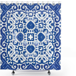 Personality  Antique Portuguese Azulejo Ceramic. Vector Seamless Pattern Theme. Colored Design. Blue Floral And Abstract Decor For Scrapbooking, Smartphone Cases, T-shirts, Bags Or Linens. Shower Curtains