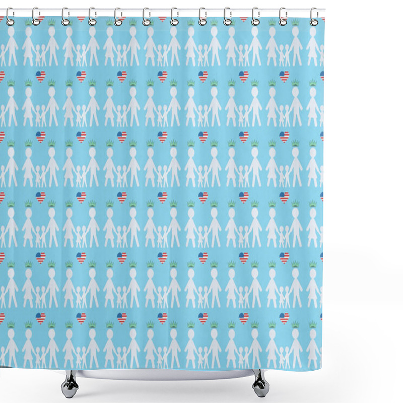 Personality  Seamless Background Pattern With Hearts Made Of Us Flags, Crowns And White Paper Cut Families On Blue, Independence Day Concept Shower Curtains