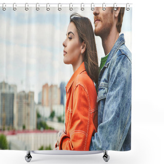 Personality  A Man And A Woman Stand Side By Side, Their Bodies Turned Towards Each Other, Creating A Sense Of Connection And Closeness Shower Curtains