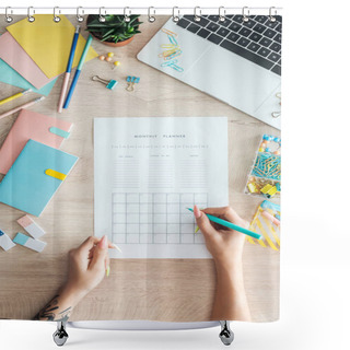 Personality  Cropped View Of Woman Sitting Behind Wooden Table With Laptop And Stationery, Writing Notes In Monthly Planner Shower Curtains