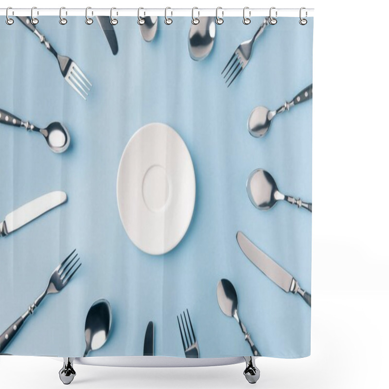 Personality  Top View Of Plate Surrounded By Flatware Isolated On Blue Shower Curtains