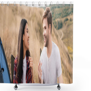 Personality  Cheerful Man Talking To African American Girlfriend On Chairs During Camping On Lawn, Banner  Shower Curtains