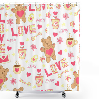 Personality  Doodle Cute Pattern With Bear, Toy, Flowers, Hearts, Letter, Cup, Key And Padlock. Happy St. Valentine's Day.  Love Background. Shower Curtains