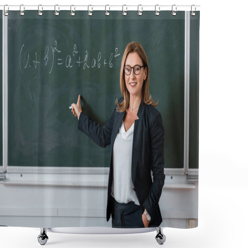 Personality  Female Teacher Pointing With Finger At Mathematical Equation On Chalkboard In Class Shower Curtains