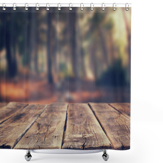 Personality  Image Of Front Rustic Wood Boards And Background Of Trees In Forest. Image Is Retro Toned Shower Curtains