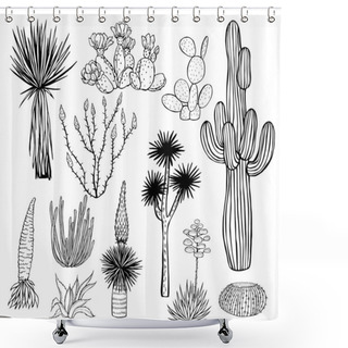 Personality  Desert Plants, Cacti. Vector Sketch  Illustration. Shower Curtains