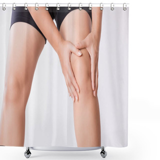 Personality  Runner Sport Knee Injury. Closeup Young Woman In Knee Pain While Running. Healthcare And Medical Concept. Shower Curtains