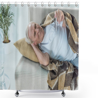 Personality  Senior Sick Man Covered In Plaid Lies On Sofa And Checks Thermometer Shower Curtains