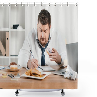 Personality  Overweight Businessman Eating Donuts, Hamburger And French Fries While Wokring In Office Shower Curtains