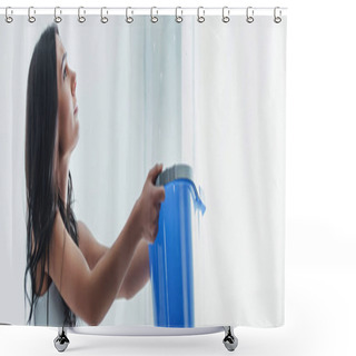 Personality  Worried Young Woman Holding Bucket Under Water Drops Shower Curtains