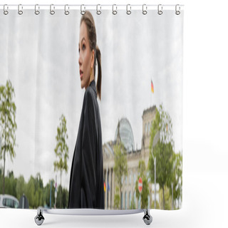 Personality  Fashionable Young Fair Haired Woman In Black Jacket Looking Away While Standing In Berlin, Banner  Shower Curtains