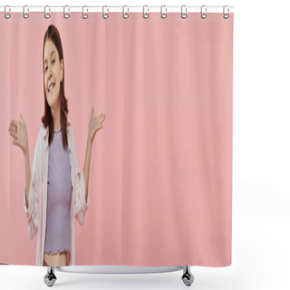 Personality  Happy Teenage Girl In Casual Attire Posing With Open Arms And Looking At Camera On Pink, Banner Shower Curtains