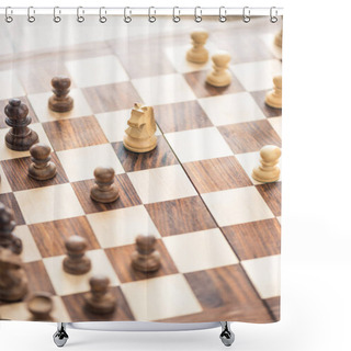 Personality  Close-up View Of Wooden Chess Board With Chess Board Shower Curtains