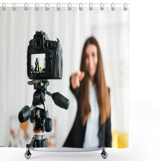 Personality  Selective Focus Of Digital Camera With Happy Video Blogger Gesturing On Screen  Shower Curtains