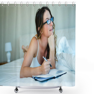 Personality  Smiling Woman With Glasses Writing In A Book Shower Curtains