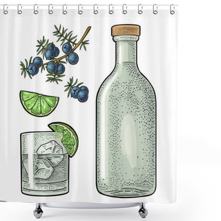 Personality  Glass, Bottle Gin And Branch Of Juniper With Berries. Vintage Vector Color Engraving Illustration For Label, Poster, Web. Isolated On White Background Shower Curtains
