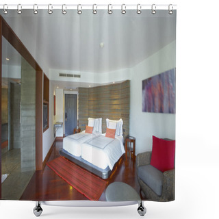 Personality  Panoramic View Of Nice Light Stylish Bedroom. Images On Wall Was Contorted. Shower Curtains