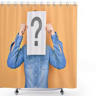 Personality  Woman Covering Face Holding Paper With Question Mark Symbol. Standing Over Isolated Yellow Background Shower Curtains
