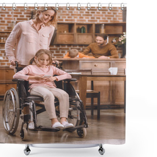 Personality  Smiling Mother Looking At Disabled Daughter Sitting In Wheelchair And Using Smartphone At Home   Shower Curtains