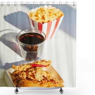 Personality  Selective Focus Of Tasty Deep Fried Chicken, French Fries And Soda In Glass On White Table In Sunlight Shower Curtains