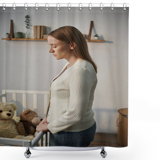 Personality  Depressed Woman Standing Near Crib With Soft Toys In Bleak Nursery Room At Home, Unhappiness Shower Curtains