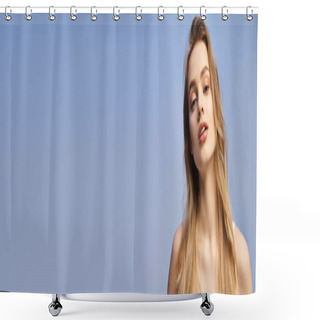 Personality  A Young Woman With Long Blonde Hair Stands Gracefully In Front Of A Clear Blue Sky, Exuding A Sense Of Serenity And Beauty. Shower Curtains