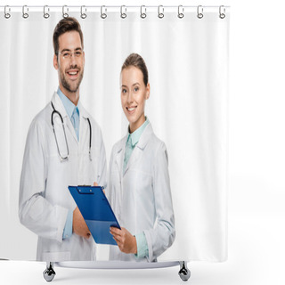 Personality  Happy Female Doctor Holding Clipboard While Her Male Colleague Standing Near Isolated On White  Shower Curtains