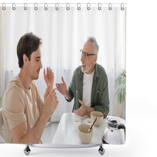 Personality  Cheerful Grey Haired Man Talking To Discouraged Son During Breakfast In Kitchen Shower Curtains