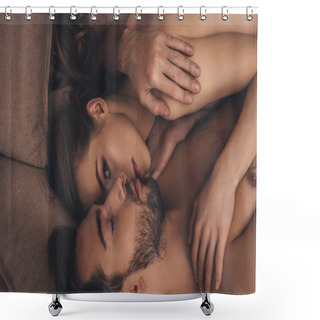 Personality  Seductive Young Naked Couple Hugging And Woman Looking At Camera Shower Curtains