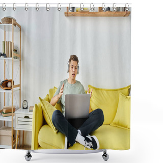 Personality  Surprised Student With Headphones And Laptop In Yellow Couch At Home Speaking To Online Meeting Shower Curtains