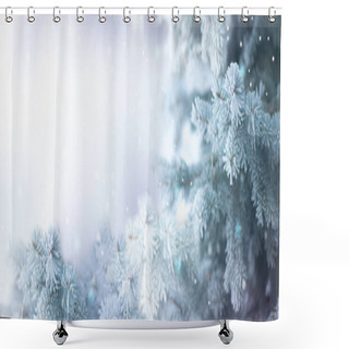 Personality  Snow Covered Fir On Snowy Background With Lights And Bokeh Shower Curtains