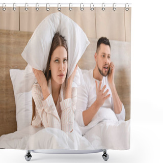 Personality  Young Woman Cannot Sleep Because Of Her Husband Talking By Mobile Phone In Bedroom Shower Curtains
