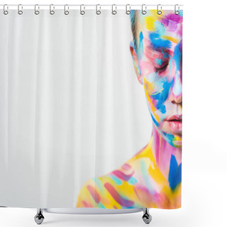 Personality  Cropped Image Of Attractive Girl With Colorful Bright Body Art And Closed Eyes Isolated On White  Shower Curtains