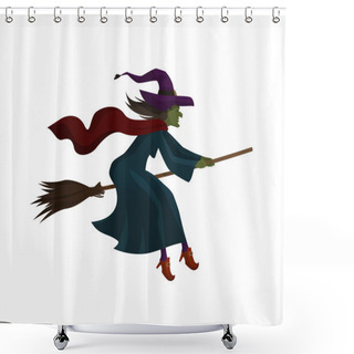 Personality  Halloween. Old Witch Flying On Broom. Vector Illustration Shower Curtains