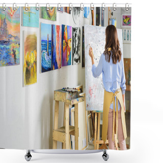 Personality  Rear View Of Left-handed Female Artist Painting On Canvas In Workshop Shower Curtains