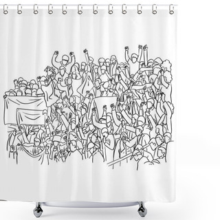 Personality  Group Of Fans Cheer For Their Soccer Team Victory On A Stadium Bleachers Vector Illustration Sketch Doodle Hand Drawn With Black Lines Isolated On White Background Shower Curtains