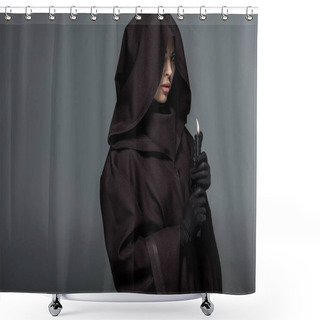Personality  Woman In Death Costume Holding Burning Candle Isolated On Grey Shower Curtains