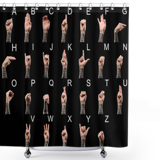 Personality  Set Of Deaf And Dumb Language With Tattooed Male Hands And Latin Alphabet, Isolated On Black Shower Curtains