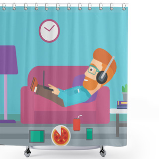Personality  Man Lying On Sofa With Many Gadgets. Shower Curtains