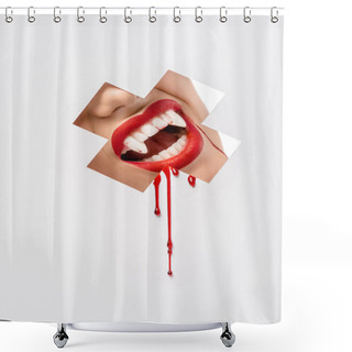 Personality  Partial View Of Woman Showing Vampire Teeth Through Cross Shaped Hole On White  Shower Curtains