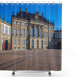 Personality  Amalienborg Palace On Empty Street And Historical Building With Statues And Columns In Copenhagen, Denmark Shower Curtains