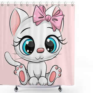 Personality  Cute Cartoon White Kitten On A Pink Background Shower Curtains